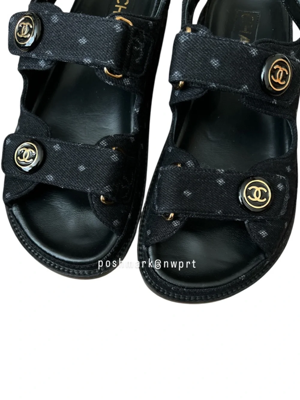 CHANEL CC Logo Dad Sandals Black Denim Polka Dot 36.5 7 - Picture 6 of 10